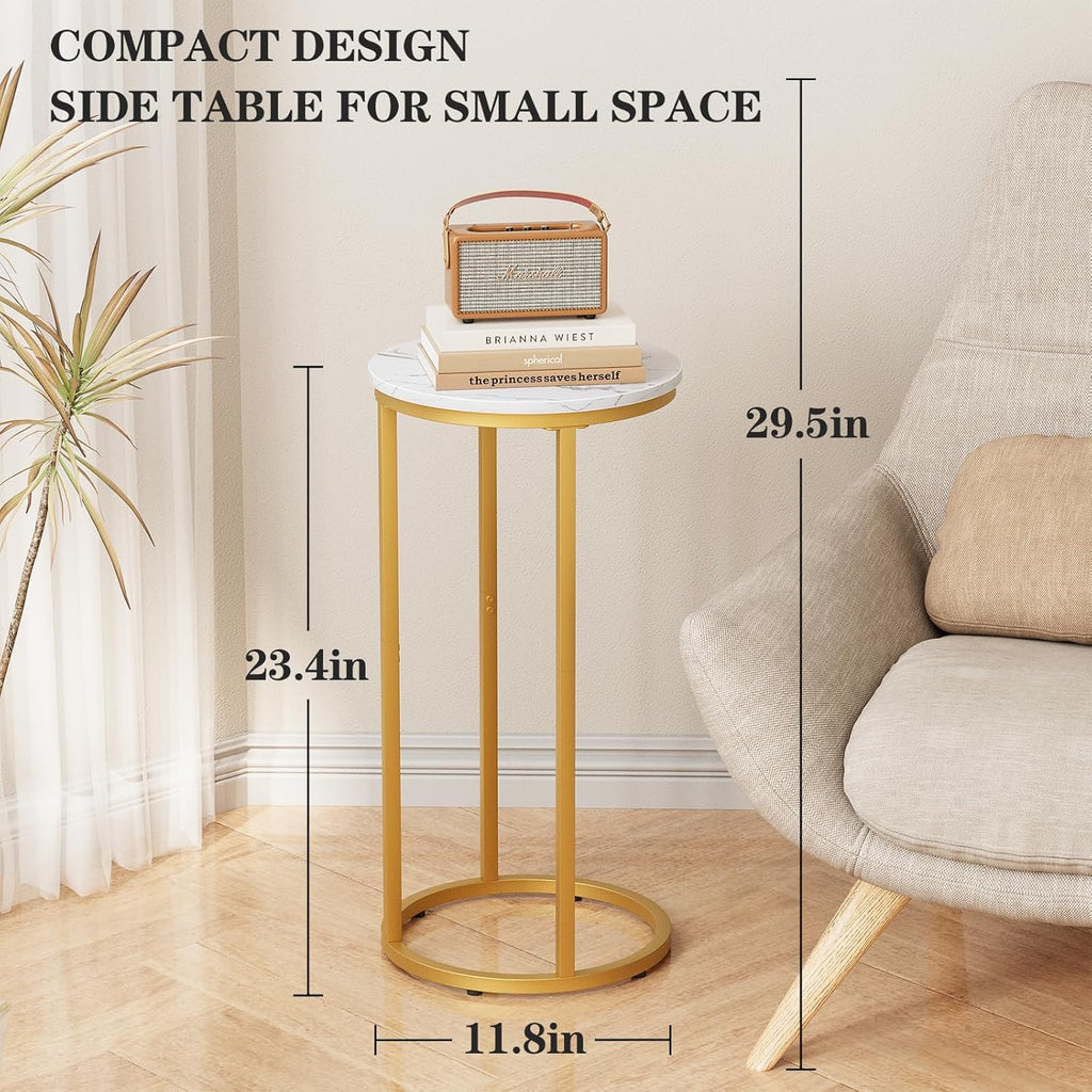 C Shaped End Table, Couch Side Tables for Living Room, Round Sofa End Table with Metal Frame, Small Wooden Snack Table for Bedroom, Small Spaces, Easy Assembly (Gold,2pcs)