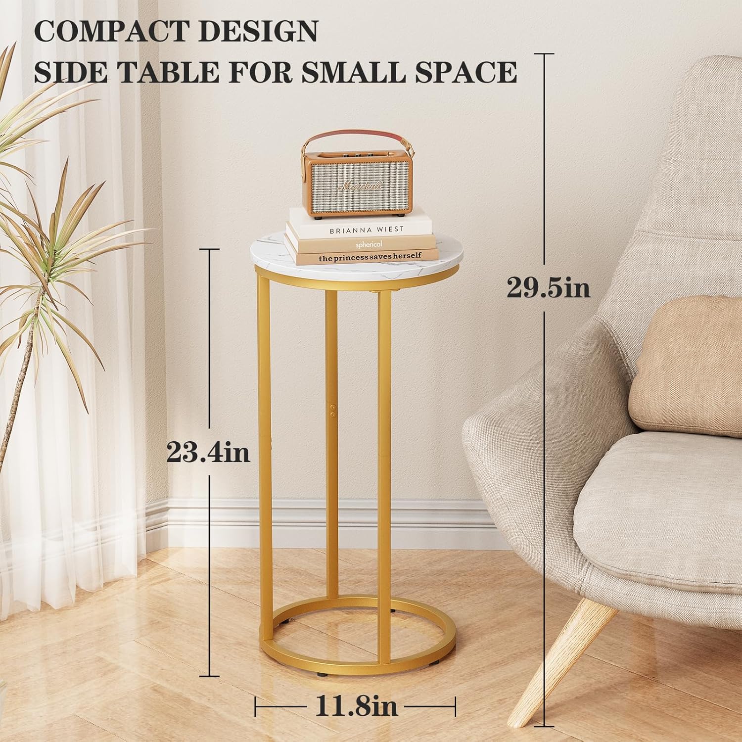 C Shaped End Table, Couch Side Tables for Living Room, Round Sofa End Table with Metal Frame, Small Wooden Snack Table for Bedroom, Small Spaces, Easy Assembly (Gold,2pcs)
