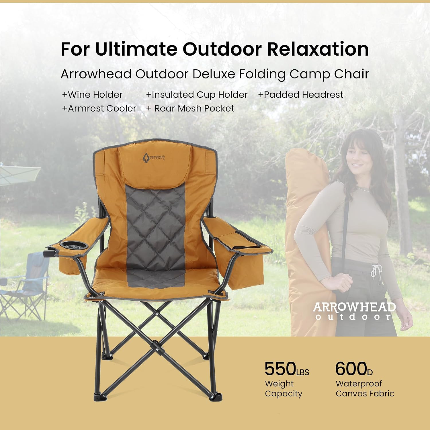 ARROWHEAD OUTDOOR Deluxe Folding Camp Chair – 550lb Capacity Heavy-Duty Quad Chair with Integrated Cooler, Headrest, and Dual Cup Holders.
