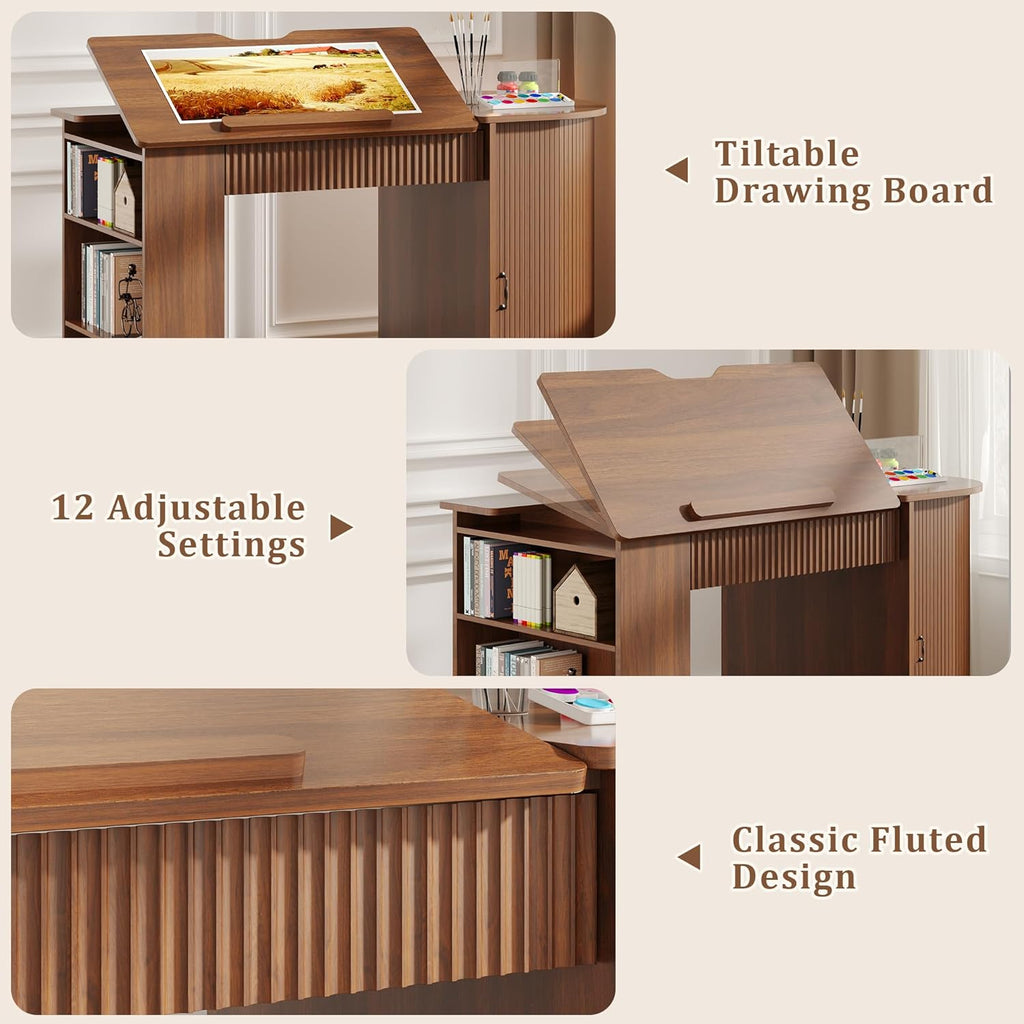 Drafting Table with Storage Cabinet & Drawers, Crafting Table with Open Shelves, Fluted Drawing Desk Computer Desk for Artists, Painters, Drawing, Crafting, Reading, Writing, Working