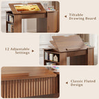 Drafting Table with Storage Cabinet & Drawers, Crafting Table with Open Shelves, Fluted Drawing Desk Computer Desk for Artists, Painters, Drawing, Crafting, Reading, Writing, Working