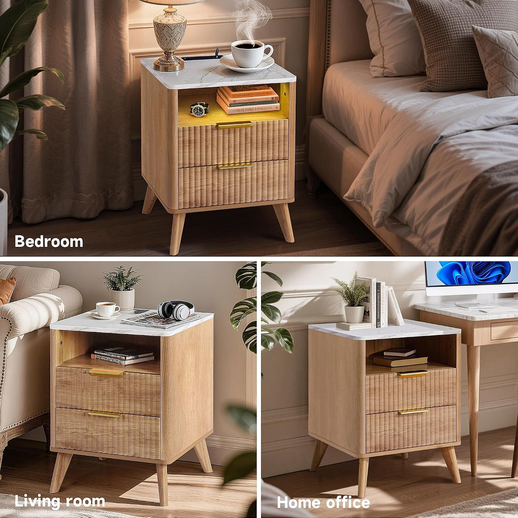 Fluted NightStand Set of 2, 18'' Wide 2 Drawers Side Table with Charging Station & LED Light, Large Modern Night Stand with Faux Marble Top, Wood Bedside Table for Bedroom, Living Room