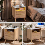 Fluted NightStand Set of 2, 18'' Wide 2 Drawers Side Table with Charging Station & LED Light, Large Modern Night Stand with Faux Marble Top, Wood Bedside Table for Bedroom, Living Room