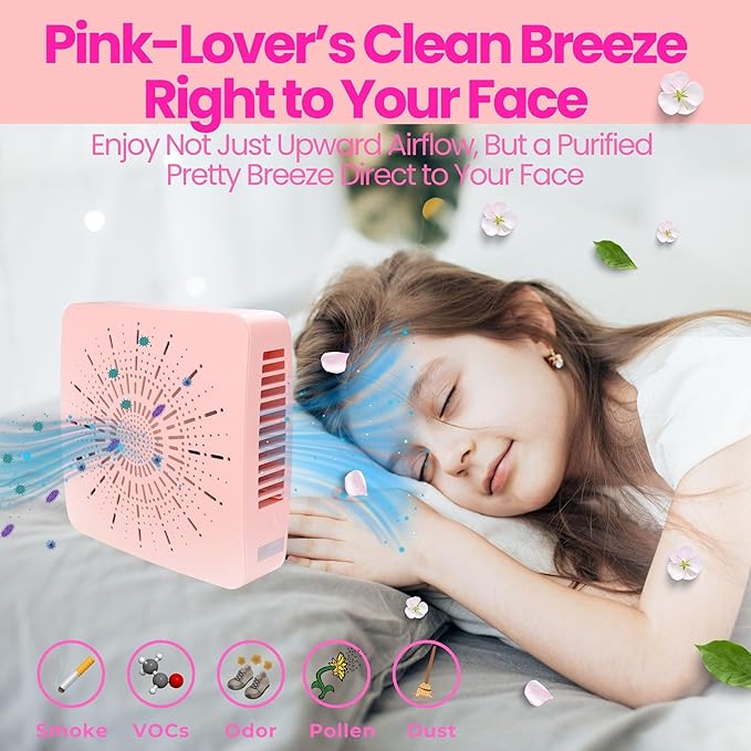 Cute Portable Mini Air Purifier with HEPA, Aroma & Ionizer – USB Fan for Bedroom, Desk, Pet, Baby, Travel – Great Gift for Girls & Teens (Blush Pink)