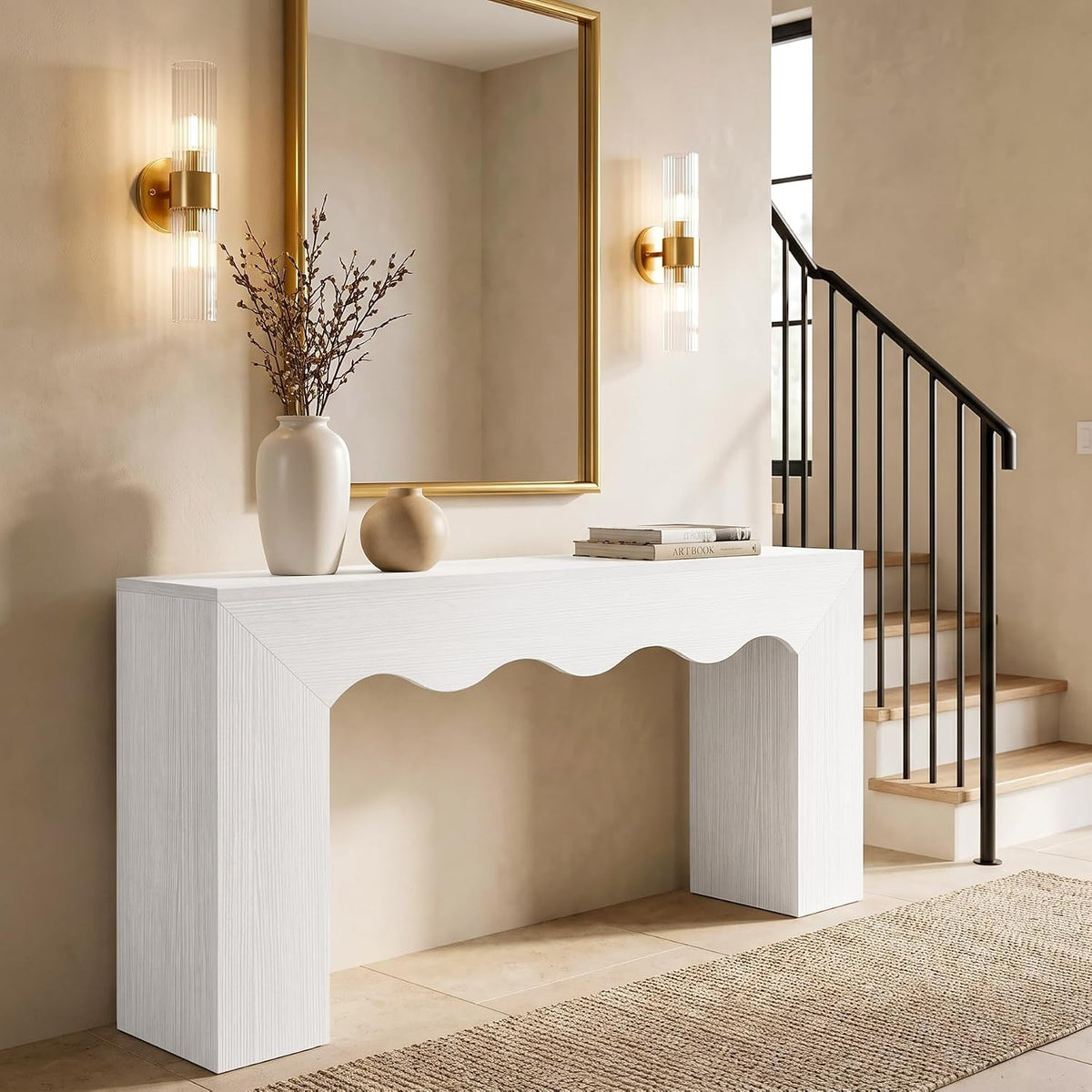 Tribesigns 63" Farmhouse Console Table with Wavy Edge | Wooden Couch Table Behind Sofa with Storage; Long Entryway Sofa Station; Narrow Hallway Stand for Entryway, Living Room