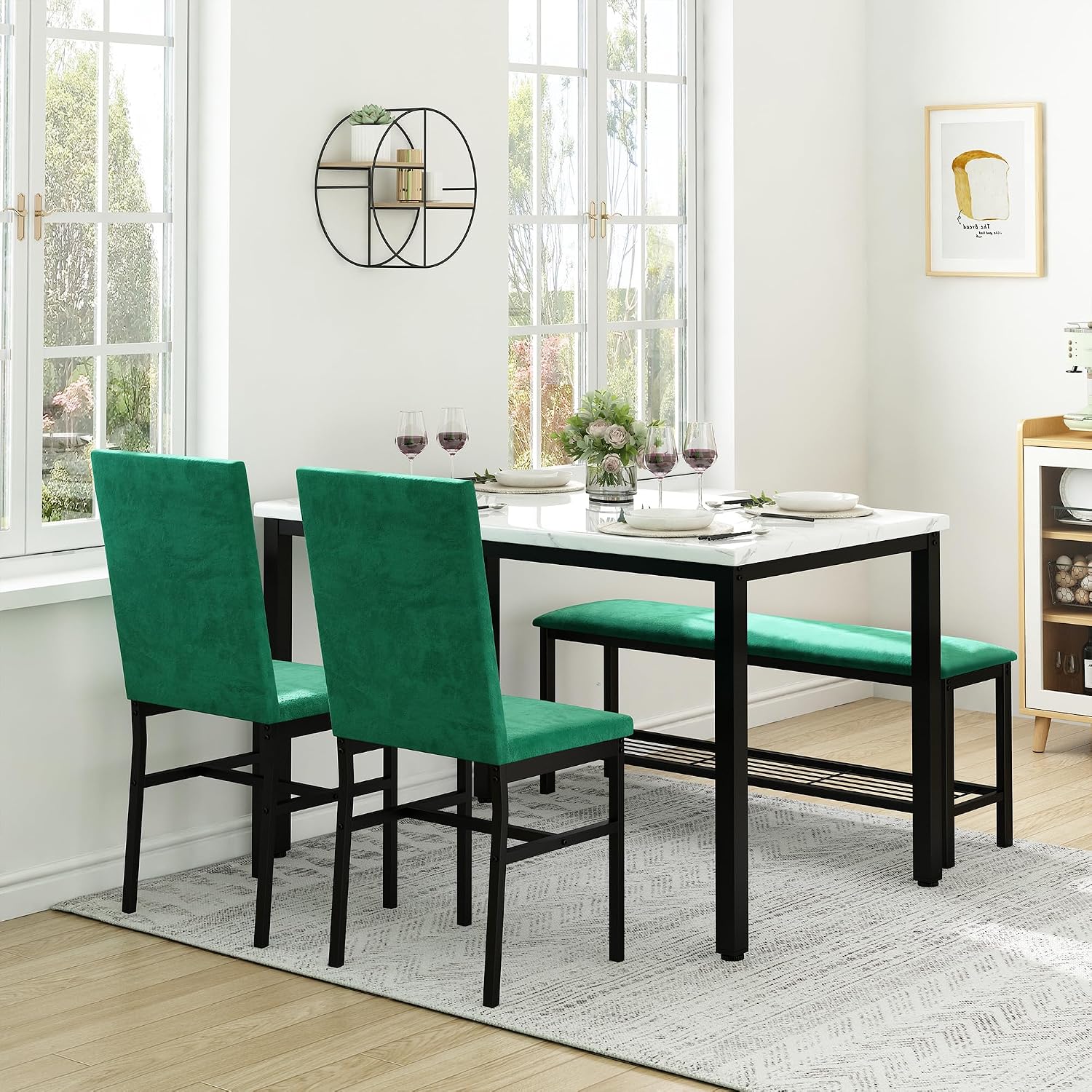 YOFE Dining Table Set for 4,Faux Marble Kitchen Table,Kitchen Table Chairs Set with Velvet Chairs,Bench with Storage Net for Dining Room,Small Apartment (Green 1+3)