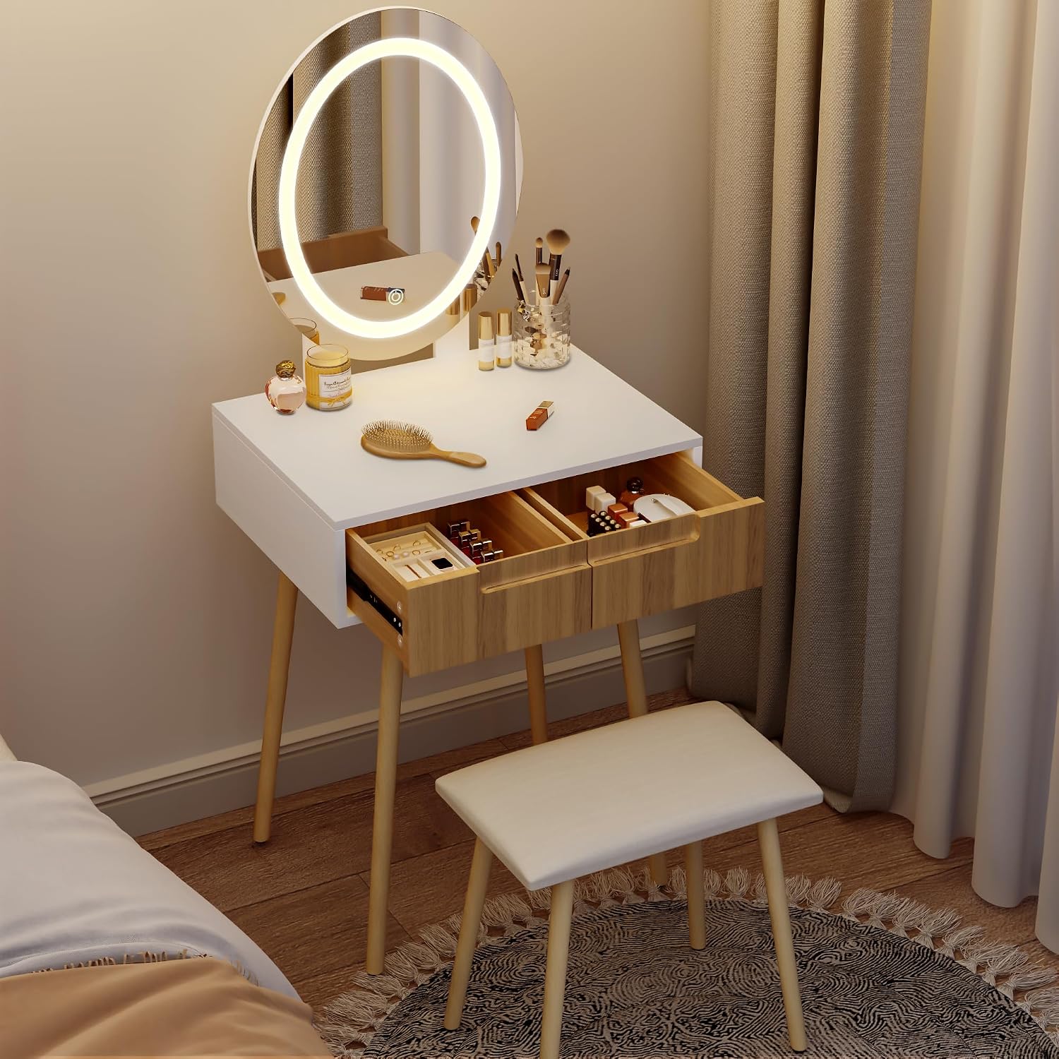 Small Vanity Desk with Mirror and Lights, Wooden Handles with Cushioned Stool, 3 Lighting Modes Round Makeup Table with Upgraded Silent Slides, Compact Vanity for Small Spaces, Natural Oak
