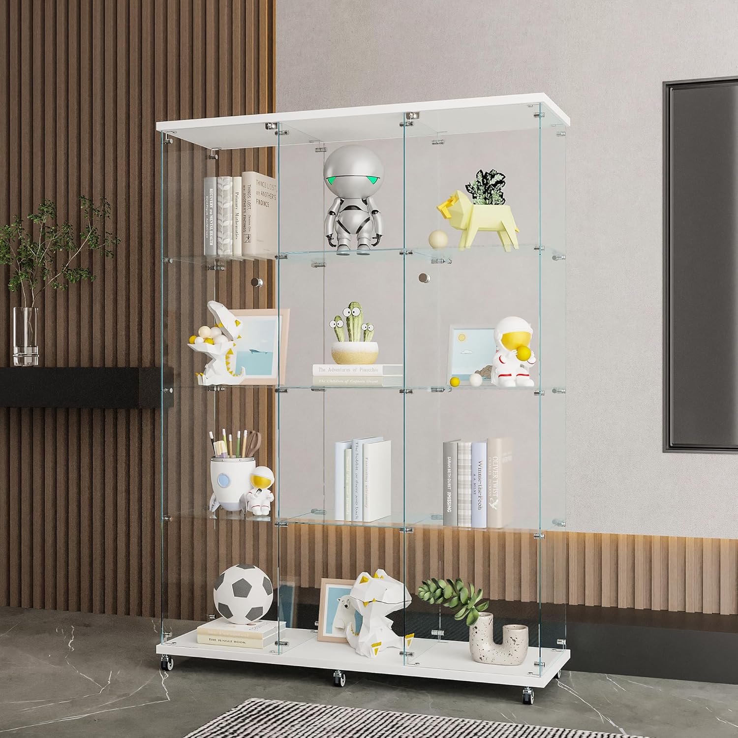 66.5" H 4-Shelf Extra Large Glass Display Cabinet with Double Doors,Modern Floor Standing Curio Cabinet Bookshelf Collection Display Case with Lockable Casters & Lock for Living Room (White)
