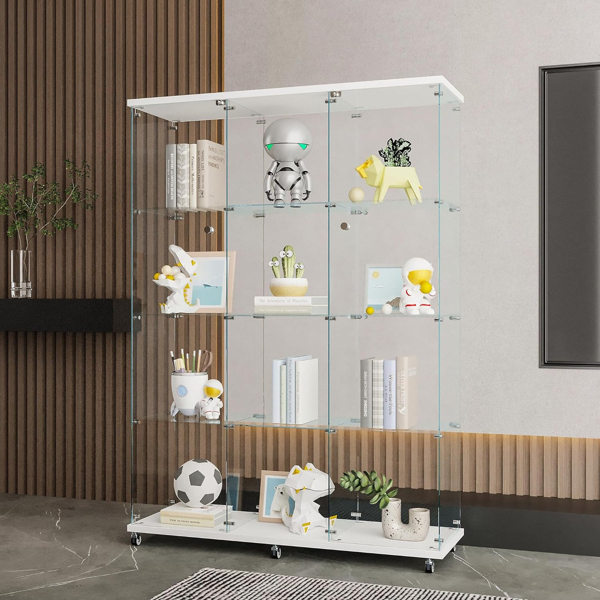 4 Shelves Glass Display Cabinet with 2 Doors Extra Large Display Case Curio Cabinets with Whees & Lock,Glass Bookshelf Storage Collection Display Case for Living Room,47.71"W x 14.37" D x 66.53"H