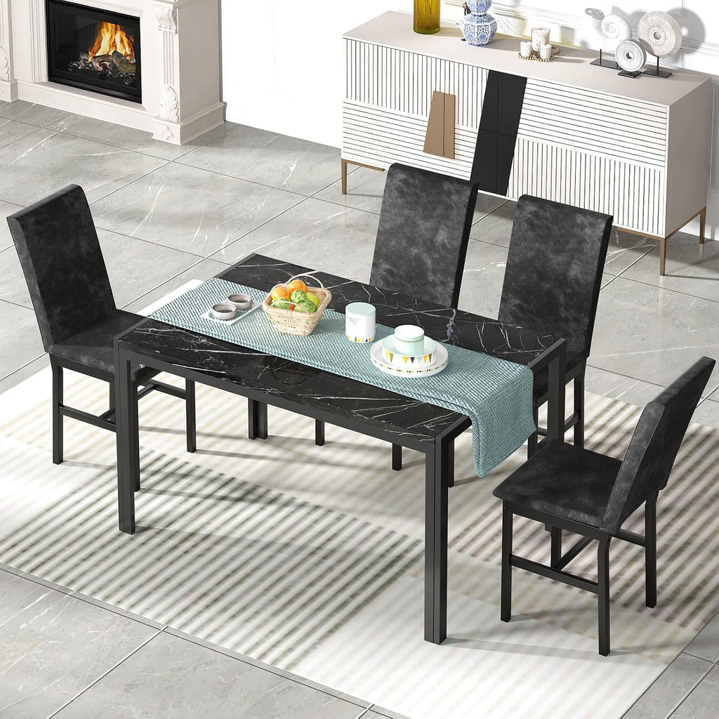 AWQM Products 5-Piece Marble Dining Set, Modern Kitchen Table and Chairs for Dining Room, Compact Space Saving Furniture, Dinette, 4 Upholstered Velvet Chairs - Black