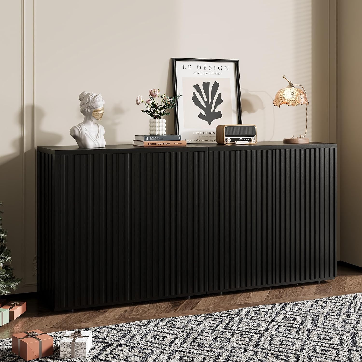 Rophefx Fluted Sideboard Cabinet, Buffet Cabinet with Storage, Credenza Storage Cabinets with Adjustable Shelf, Wood Entryway Cabinets with Pop-up Doors for Living Room, Entryway, Hallway, Black