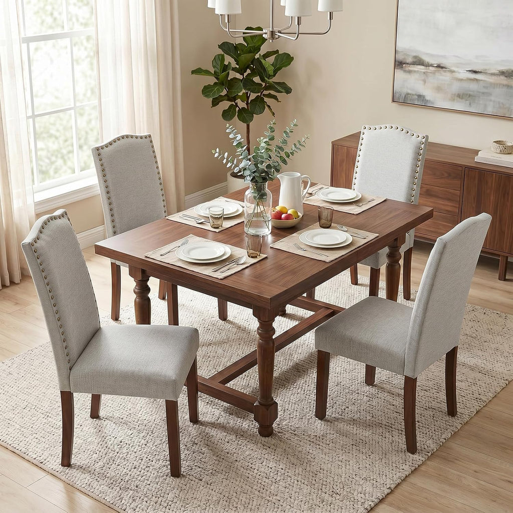 Upholstered Dining Chair Set of 4, Farmhouse Fabric Kitchen Chair | Modern, Padded Seat, Solid Wood Legs, High Back, Nailhead Trim, Living Room, Restaurant, Hotel, Grey