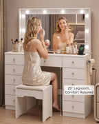 Otterease White Makeup Vanity with Mirror and Lights,11 Drawers & Glass Top | Vanity Desk Table with Charging Station and 10 LED Bulbs, Hair Dryer Holder, for Bedroom
