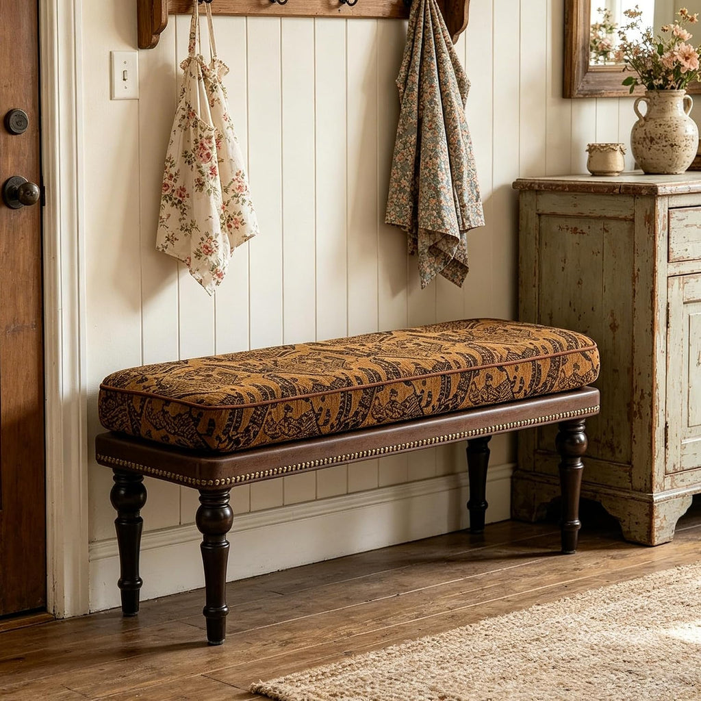 Forteek 47" Vintage Pattern Upholstered End of Bed Bench, Entryway Bench | Bedroom Bench with Detachable Washable Cover, Nailhead Trim, Sturdy Solid Wood Legs,Window Bench, Hallway Bench, Dining Bench
