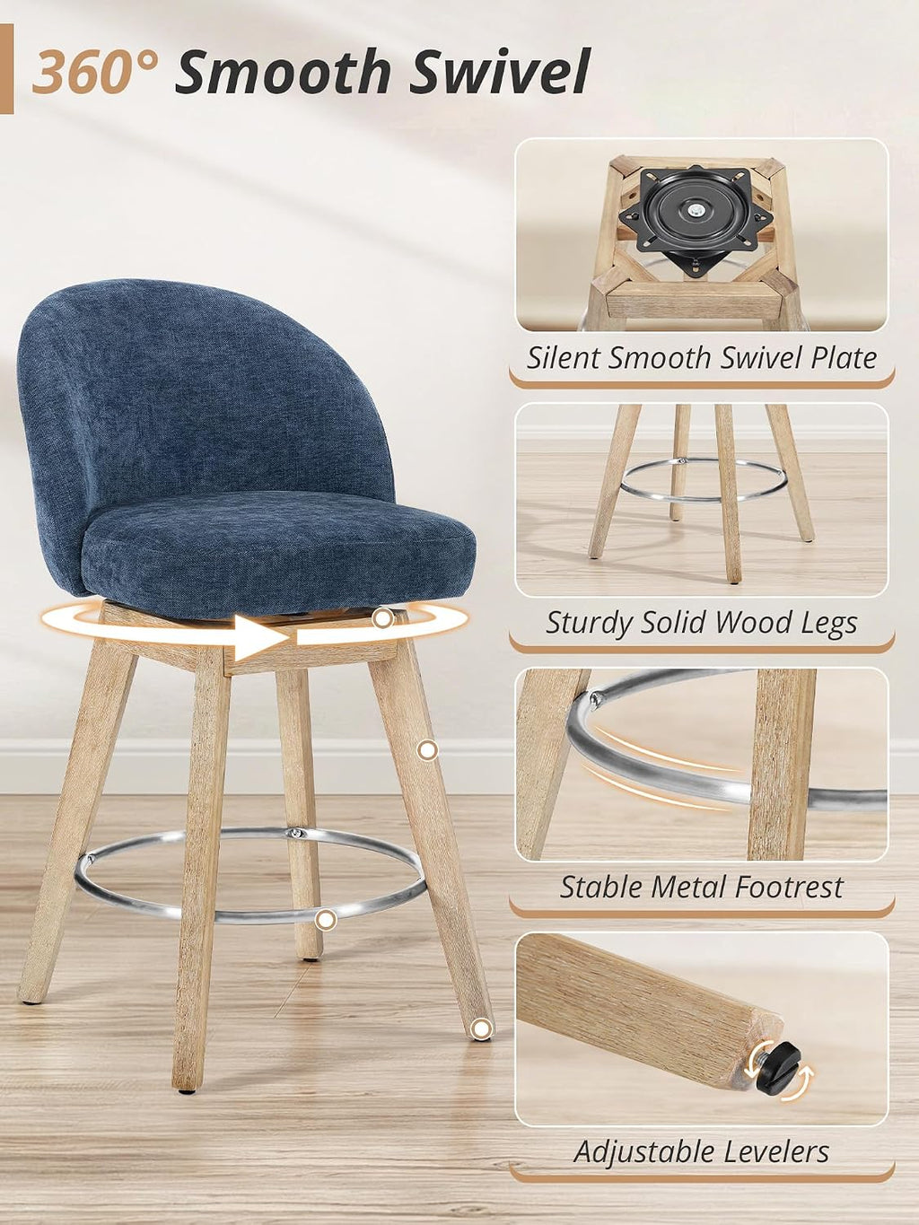 LUE BONA 360° Swivel Bar Stools Set of 4, 26" Wood Legs, Fabric Blue