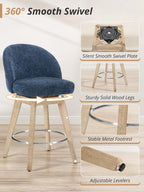 LUE BONA 360° Swivel Bar Stools Set of 4, 26" Wood Legs, Fabric Blue