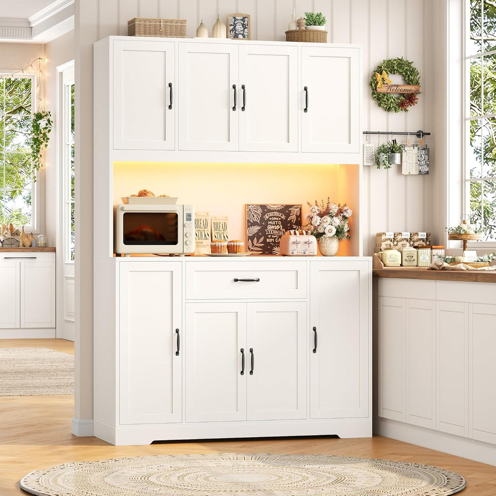 HITHOS 70" LED Kitchen Pantry Cabinet with Charging Station, 47" Wide Pantry Storage Cabinet with Large Microwave Stand, Modern Kitchen Hutch with Drawers and Cabinets for Dining Room, White