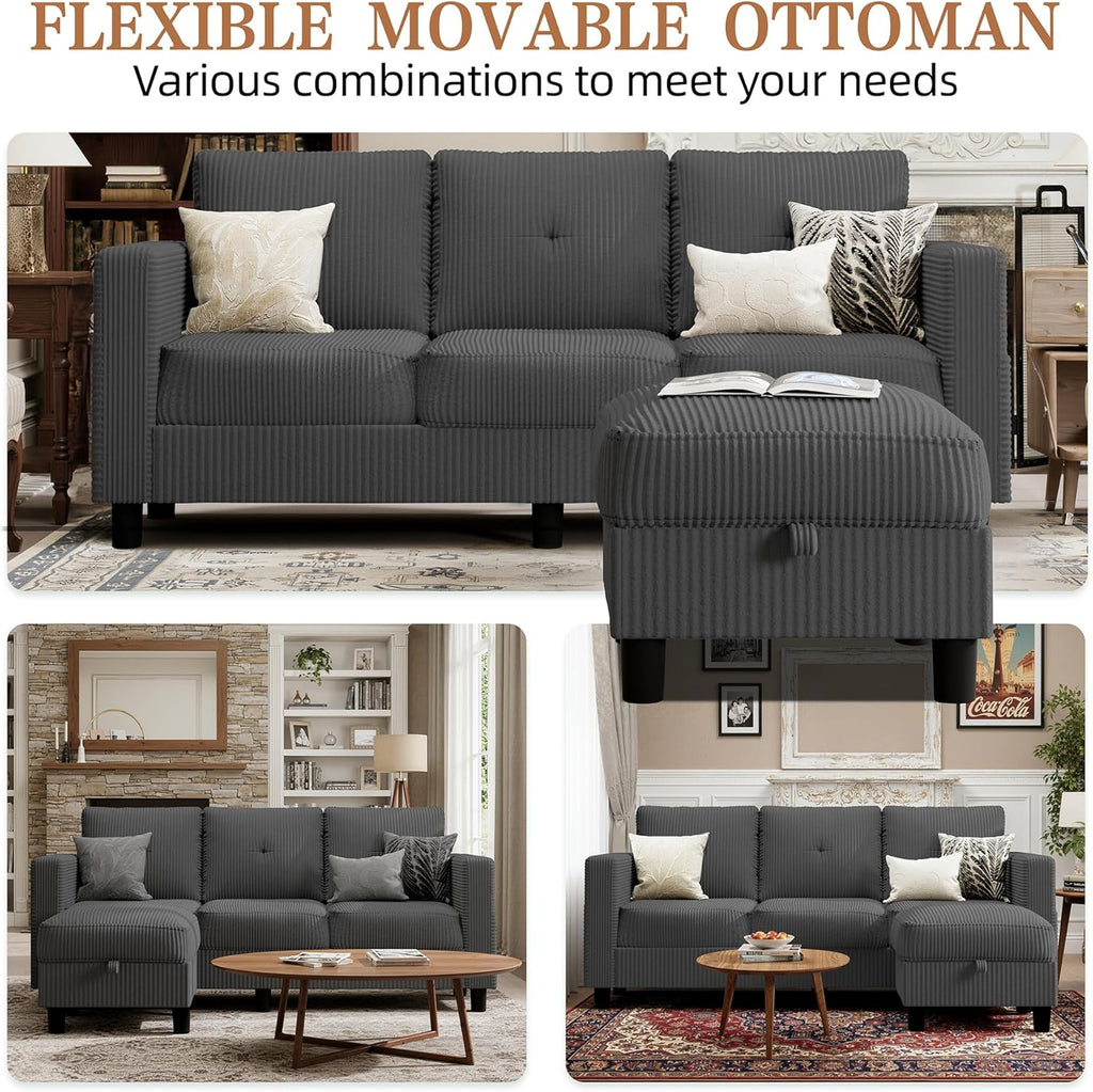 Shintenchi 76" Modern Upholstered Sectional Sofa Couch,L-Shaped Convertible Sofa with Storage Ottoman,Comfy Couches with Side Storage Pockets for Living Room,Dark Gray Corduroy Fabric