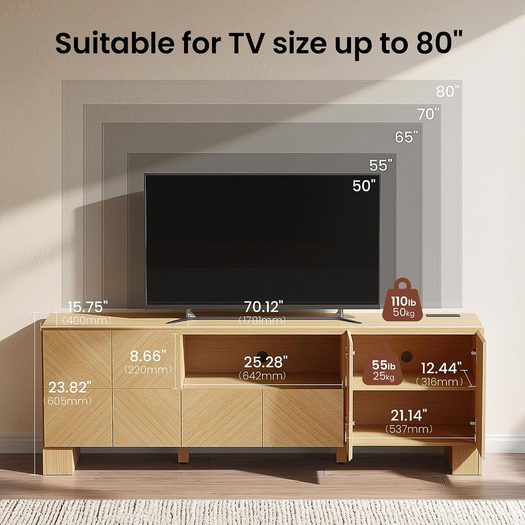 ModernMate Living Room Table Sets of 3, 70" Modern TV Stand & 2 Nightstands with Drawer, Wood Living Room Set with Charging Station & USB Ports, Chevron Pattern Design, Thick Legs, Natural Oak