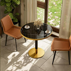 31.5" Round Tulip Table with 1.2" Thick Nero Marquina Sintered Stone Top (Marble Look) & Brushed Black Gold Frame, Modern Luxury Dining Table for 2-4 People for Kitchen Nook, Café & Patio