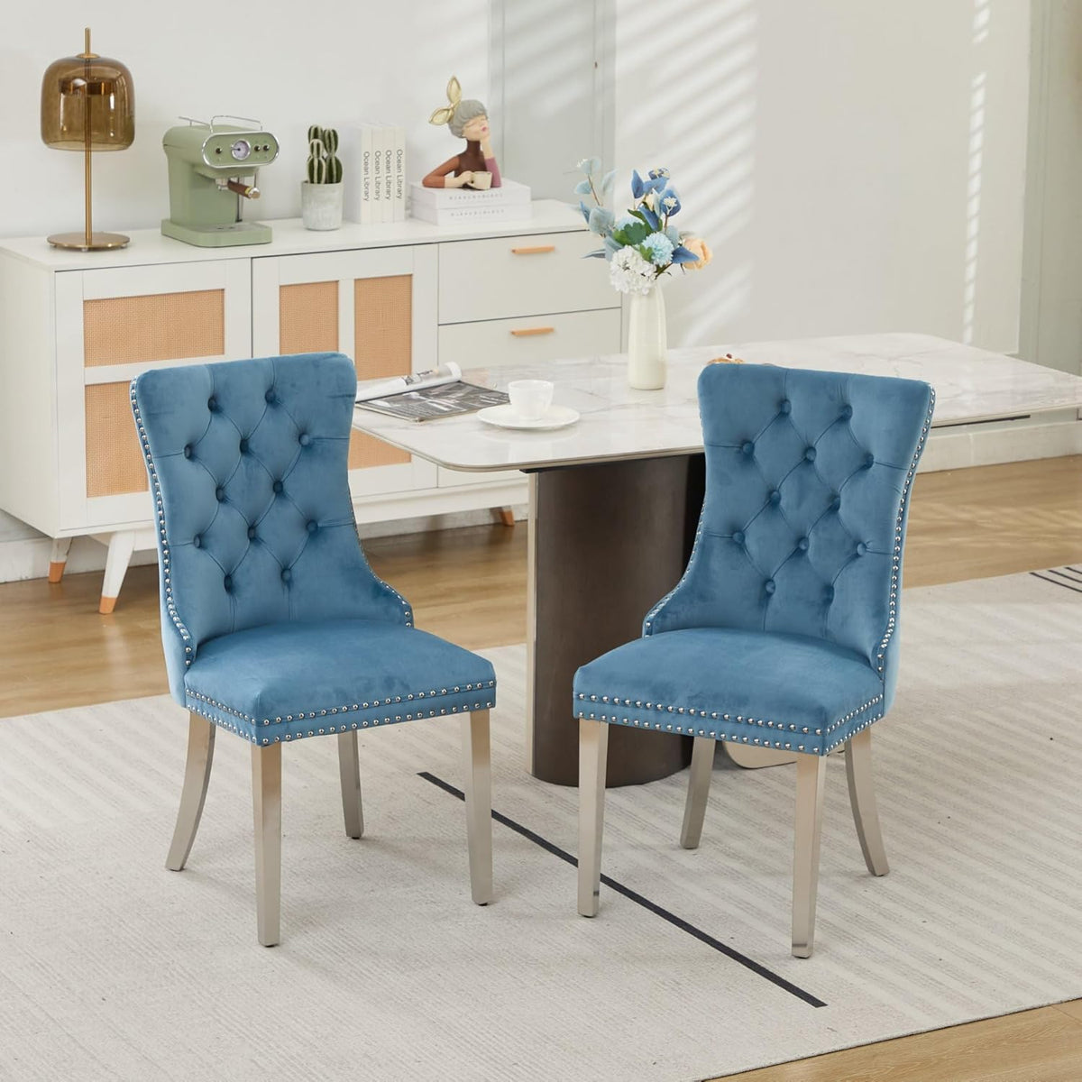 Velvet Dining Chairs Set of 4, Tufted Upholstered High Wingback Chairs with Nailhead Trim & Pull Ring, Silver Stainless Steel Legs for Dining Room, Sillas de Comedor, Light Blue
