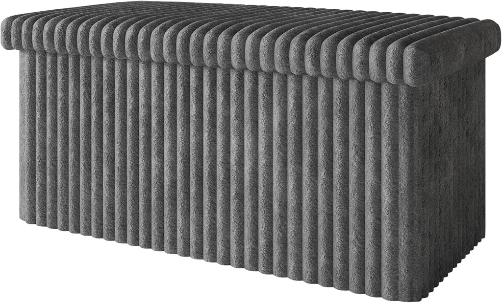 HOME DESIGN Florence 30" Upholstered Folding Storage Bench, Tufted Top, Space-Saving Storage, Gray Corduroy Fabric