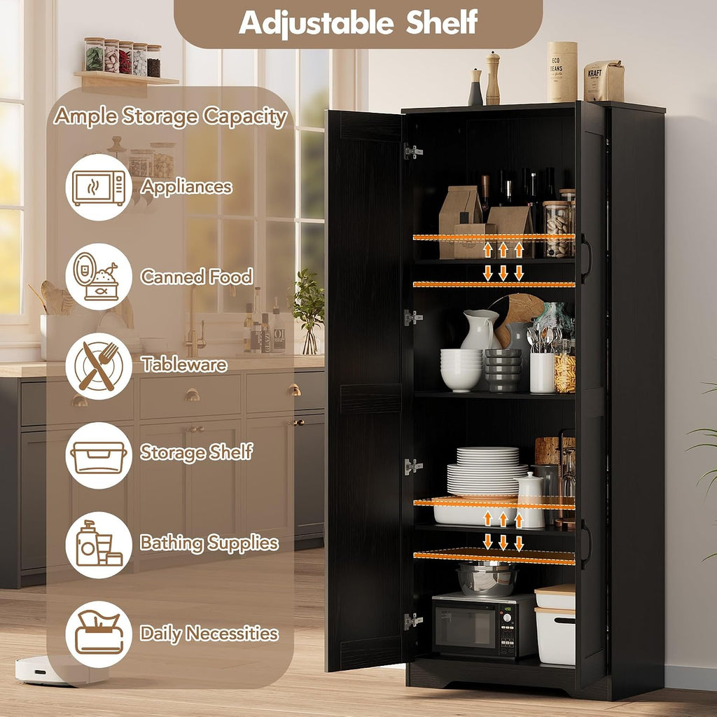 GarveeHome Tall Kitchen Pantry Cabinet, 60 in Storage Cabinet with 2 Doors and Adjustable Shelves, Freestanding Large Utility Storage Cupboard for Dining Room, Bathroom, Living Room, Black