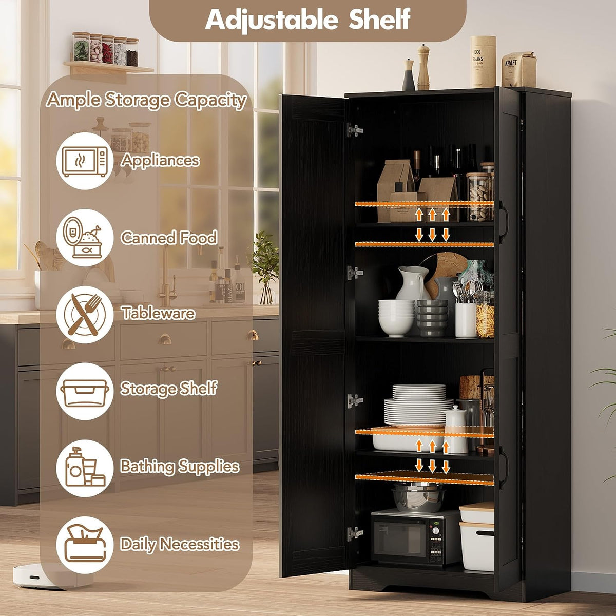 GarveeHome Tall Kitchen Pantry Cabinet, 60 in Storage Cabinet with 2 Doors and Adjustable Shelves, Freestanding Large Utility Storage Cupboard for Dining Room, Bathroom, Living Room, Black