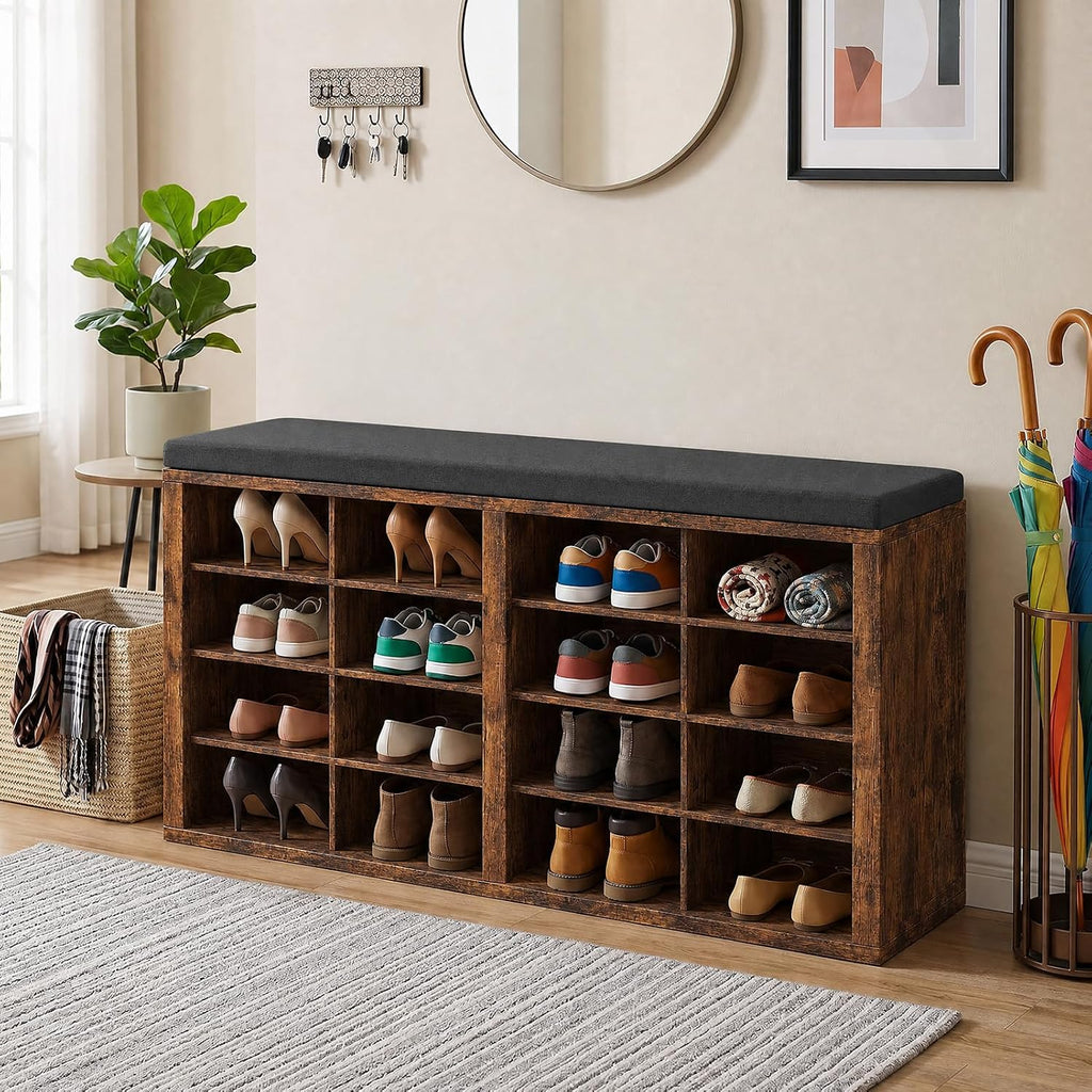 Shoe Rack Bench, Shoe Storage Bench with Cushion, Shoe Organizer 16 Cubbies for Entryway Hallway Bedroom Living Room, Holds Up to 400lbs