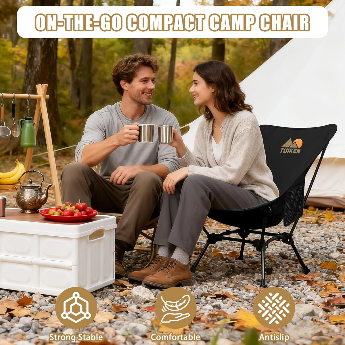 Ultralight Camping Chair Backpacking Chair, Portable Camp Chair with Cup Holder & Storage Bag, Lightweight Compact Folding Chair for Hiking, Travel, Picnic Mountaineering（Deep Black）