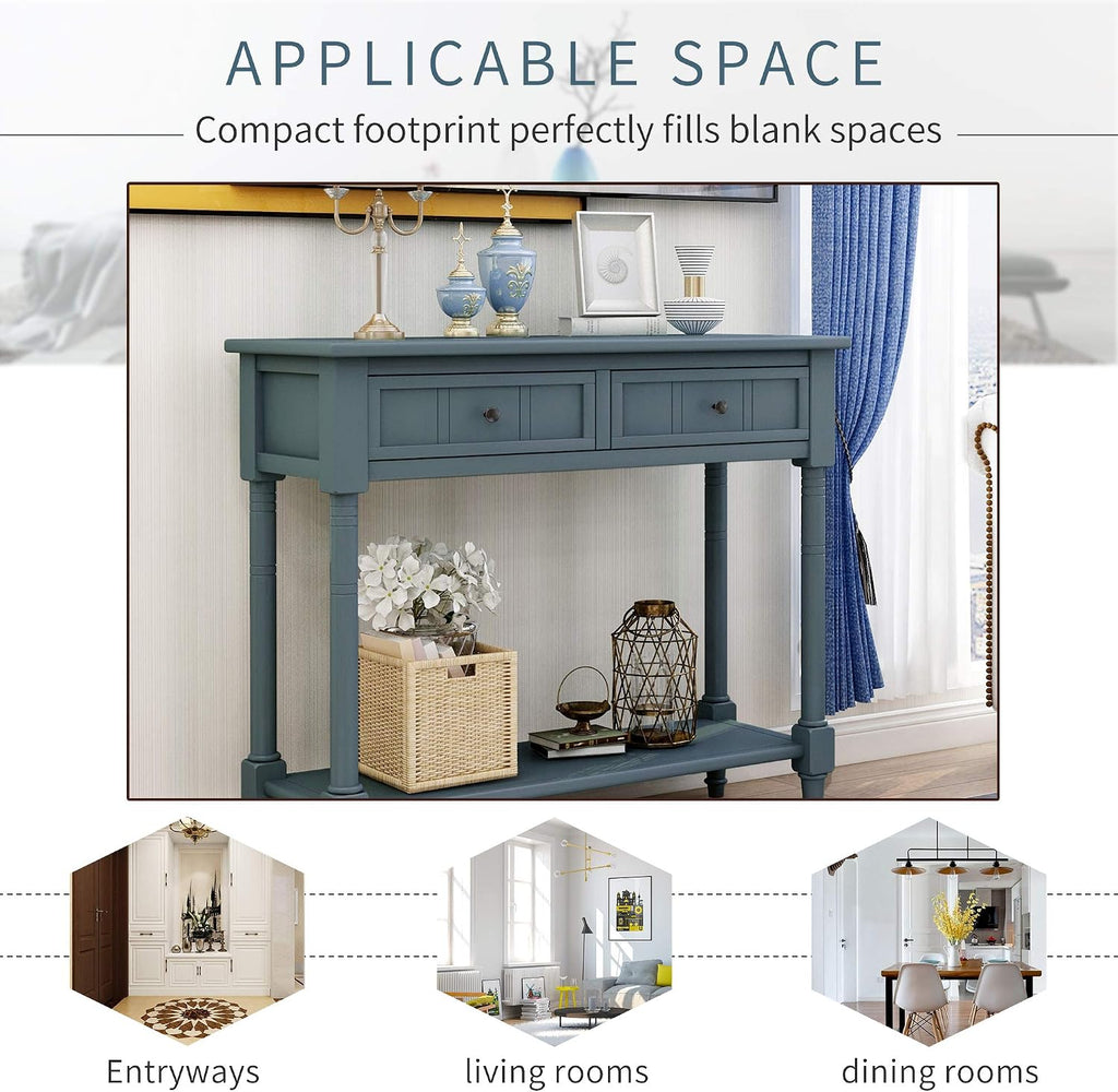MERITLINE Wood Console Table for Entryway Console Table with Storage Sofa Table Entryway Table with 2 Drawers and Bottom Shelf (Navy)