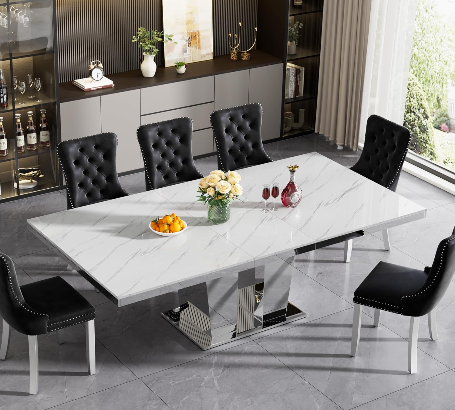 63"-94" Modern Extendable Dining Room Table for 6 8 10, Large White Faux Marble Expandable Kitchen Table with Mirrored Columnar Pedestal Base for Home Kitchen Dining Room Family Gathering