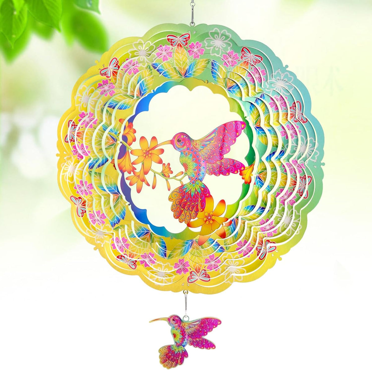 Wind Spinners - 12 Inches Hummingbird Wind Spinner, 3D Reflective Metal Wind Sculptures, Decor for Home, Outside, Garden, Yard Art, Hummingbird Gifts for Daughter, Mom, Grandma's Birthday, Yellow Cyan