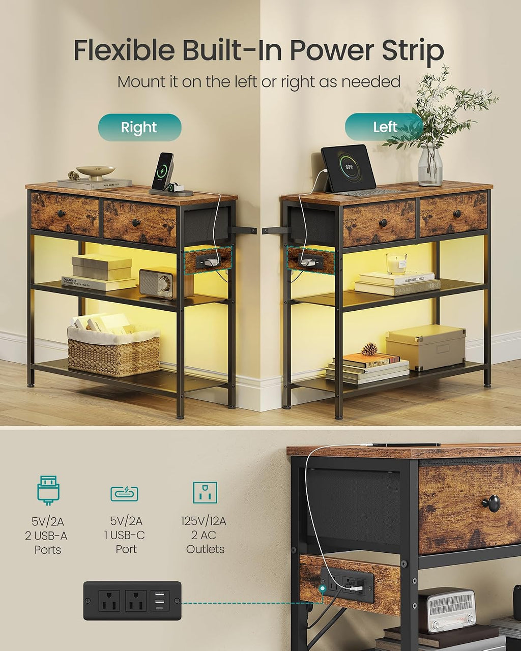 SONGMICS Console Table with Charging Station, Narrow Sofa Table with LED Lighting, for Entryway, Living Room, 11.8 x 30.2 x 31 Inches, 2 Fabric Drawers, Rustic Brown, BELLAH Collection ULGS175K101