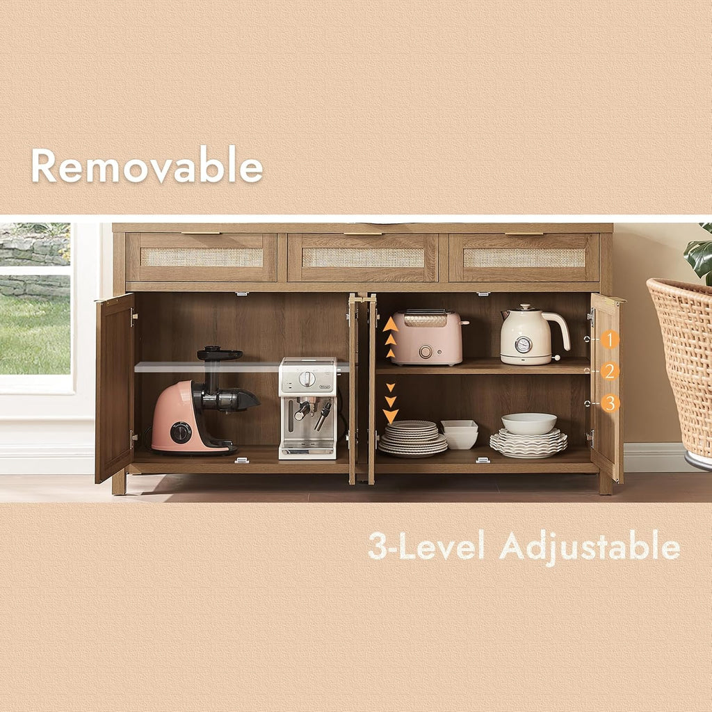 HOKYHOKY 63" Rattan Sideboard Buffet Cabinet, Boho Storage Cabinet | Adjustable Shelves, 4 Doors & 3 Drawers, Farmhouse Credenza, Coffee Bar Cabinets, Living Room, Hallway, Kitchen