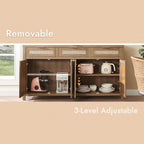 HOKYHOKY 63" Rattan Sideboard Buffet Cabinet, Boho Storage Cabinet | Adjustable Shelves, 4 Doors & 3 Drawers, Farmhouse Credenza, Coffee Bar Cabinets, Living Room, Hallway, Kitchen