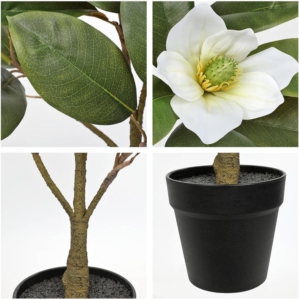 Briful Artificial Magnolia Flower Tree in Black Pot – 26.3in Tall Faux Magnolia Plant with Realistic White Blooms Fake Potted Silk Floral Tree for Home Office Room Kitchen Outdoor Porch Décor