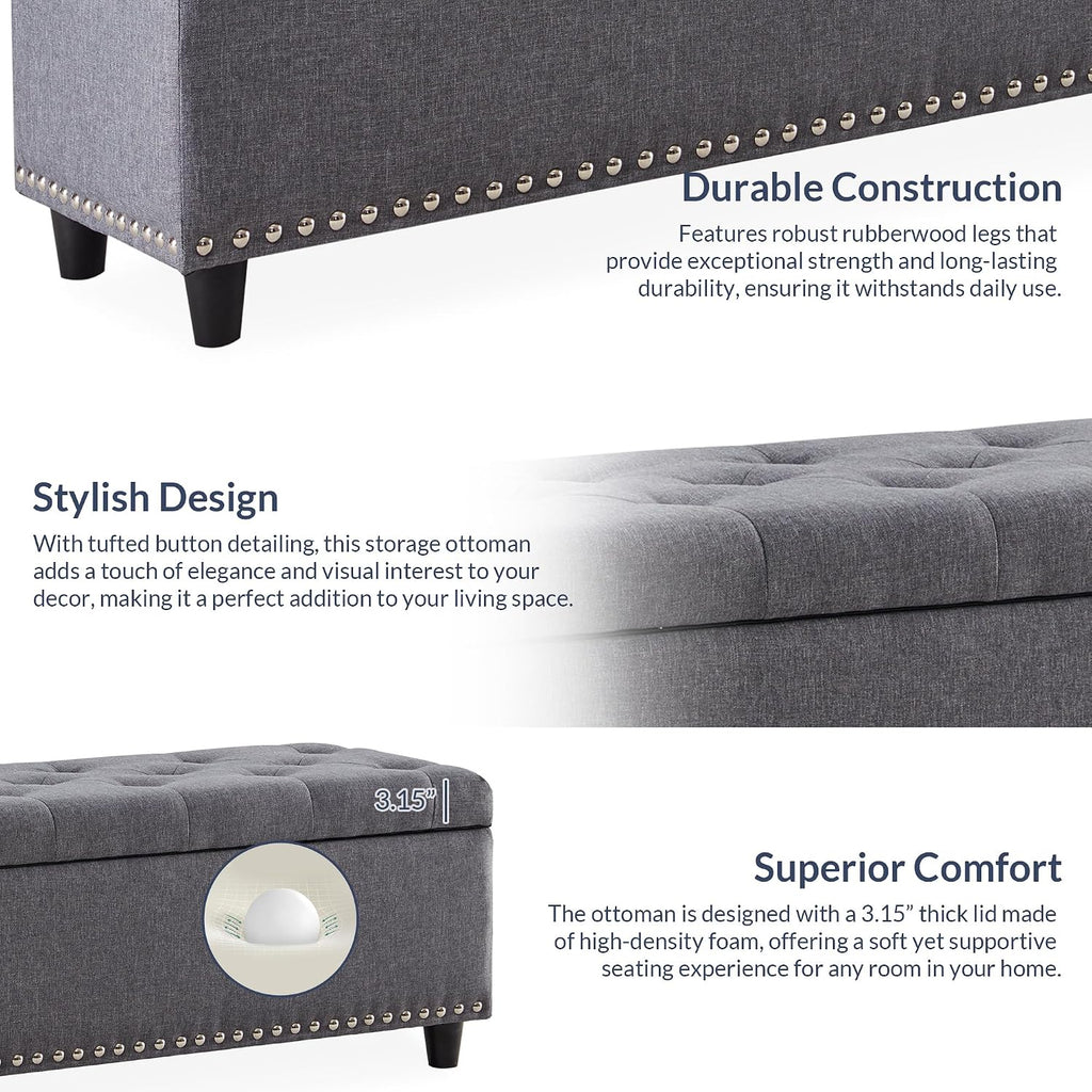 BELLEZE Storage Ottoman, Tufted Ottoman with Close Hinge, Foot Rest for Living Room (Gray, 47 inch)