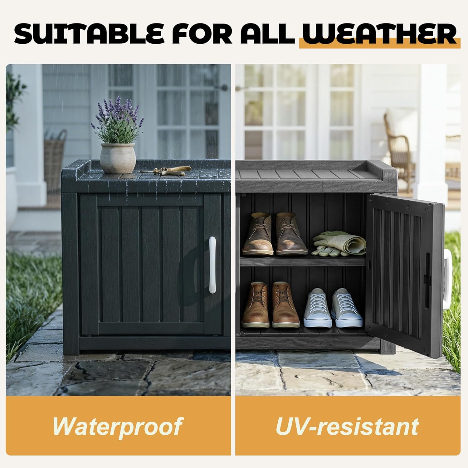 ROJIK Shoe Bench Waterproof UV-Resistant, 2-Tier Storage Cabinet for Outdoor Indoor with Adjustable Shelves, for Entryway Bedroom, Hallway, Living Room(Double Door Premium,Black)