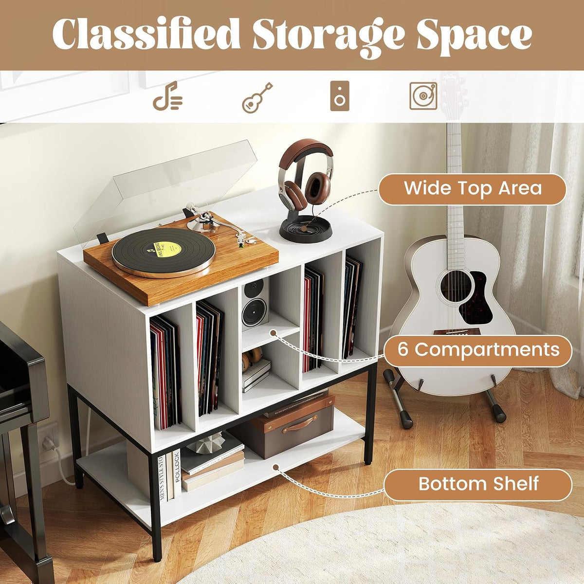 LOKO Record Player Stand with Charging Station, Turntable Stand with Vinyl Storage Holder, Record Storage Table with Metal Frame, Vinyl Display Shelf for Living Room, Music Room (White)