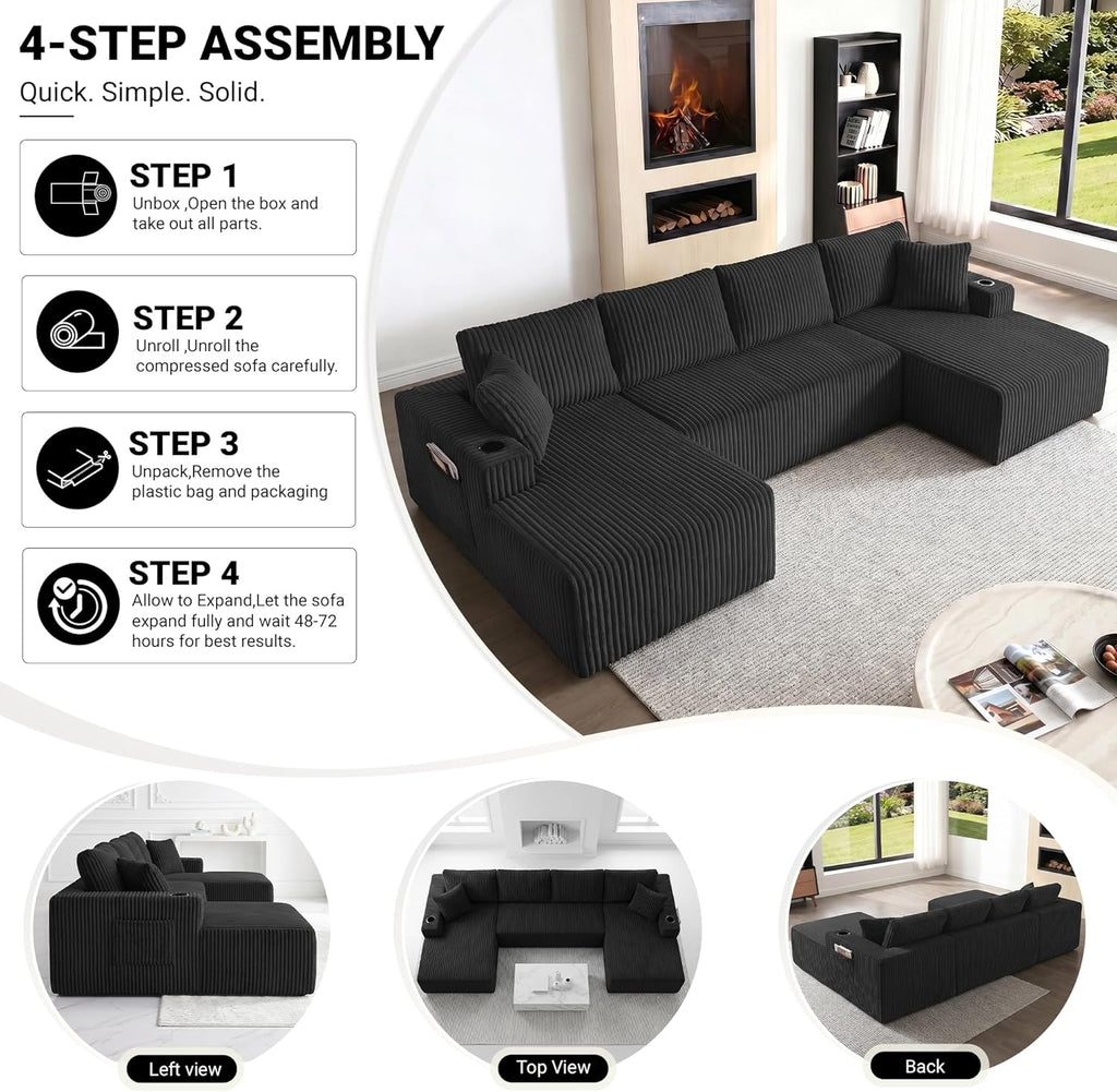 ivoros 125" Cloud Couch Sectional, Modular Sofa with Cup Holder and Storage Pocket, Corduroy U Shaped Sofas, Couch in a Box, No Assembly Required, Black Couches for Living Room