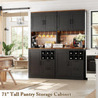 Unikito 72" Tall Kitchen Pantry Cabinet with LED Light & Power Outlet | Black and Rustic, Coffee Bar Hutch with Microwave Stand, Wine Rack, Drawers, Storage Shelves Cupboard for Dining Room