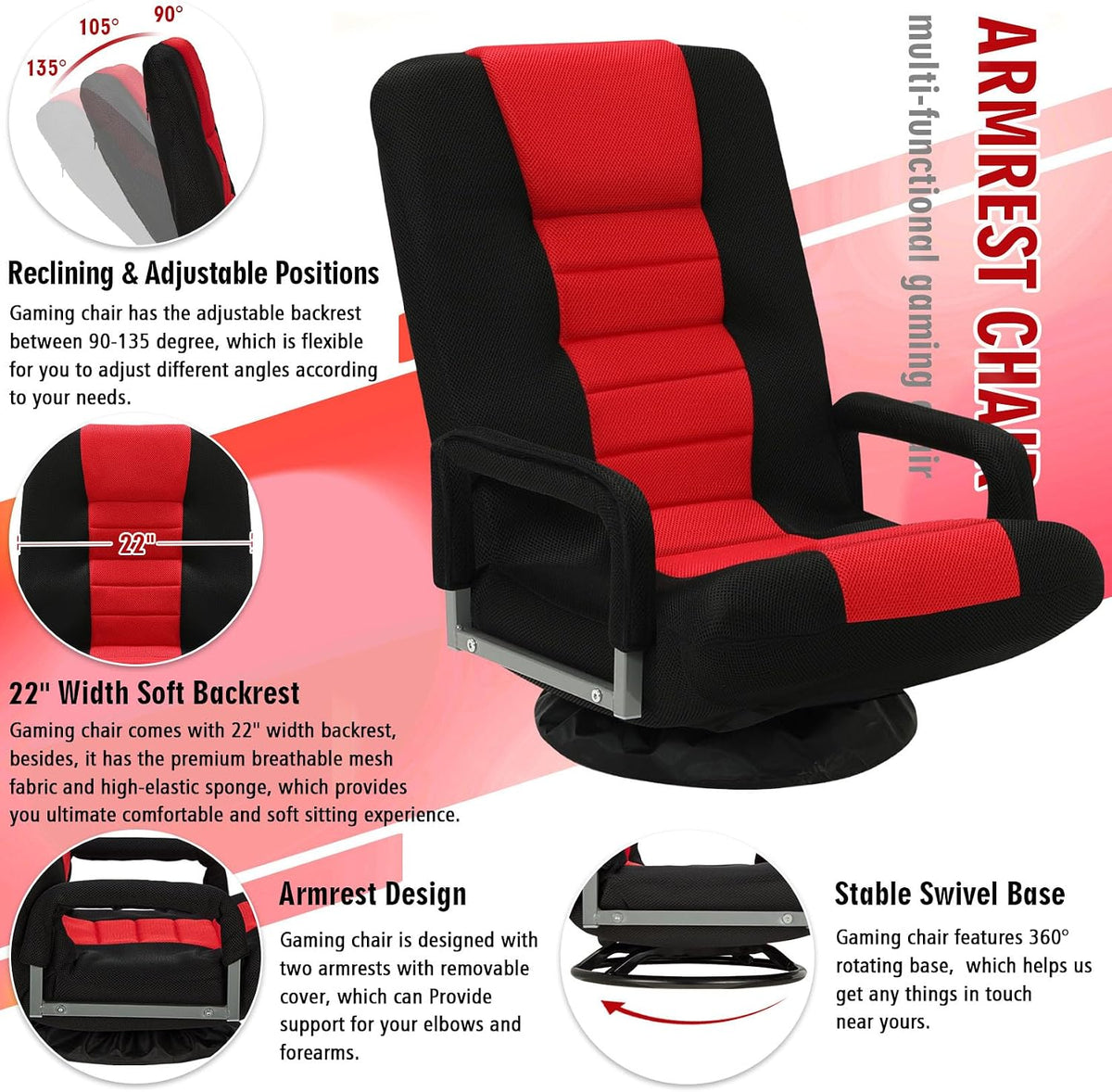 Swivel Floor Gaming Chair w/Armrests,Folding Video Reclining Sofa w/6 Adjustable Position, Padded Backrest & Cushion, Lazy Lounger Couch for E-Sports, Reading, Relaxing, Watching TV, Red