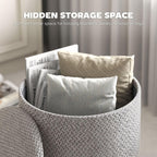 Light Gray Round Storage Ottoman with Hidden Lid and Linen Fabric