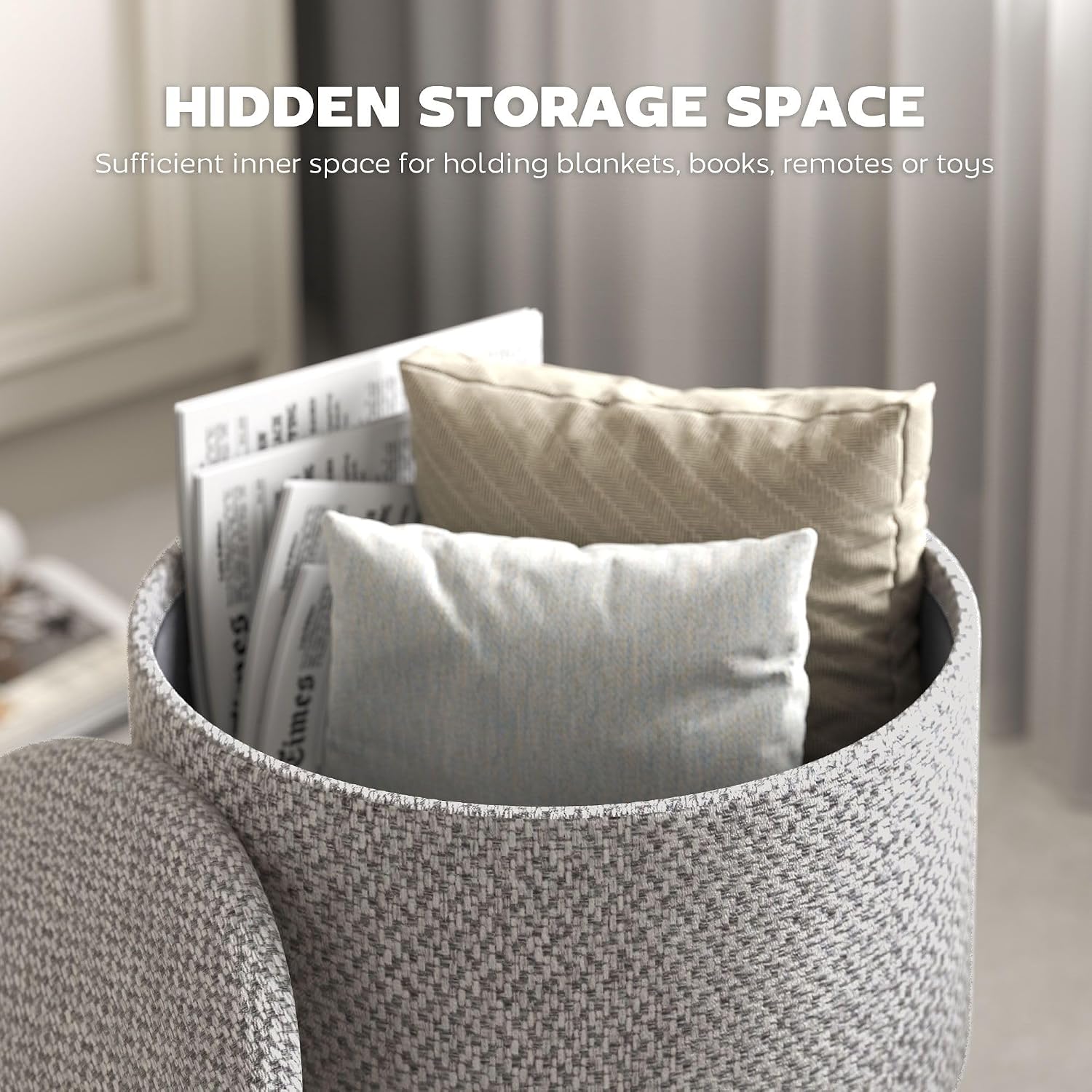 Light Gray Round Storage Ottoman with Hidden Lid and Linen Fabric