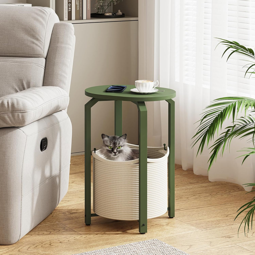 TUTOTAK Oval End Table with Woven Storage Basket, Olive Green Small Side Table for Living Room, Bedroom, TB01BOG093