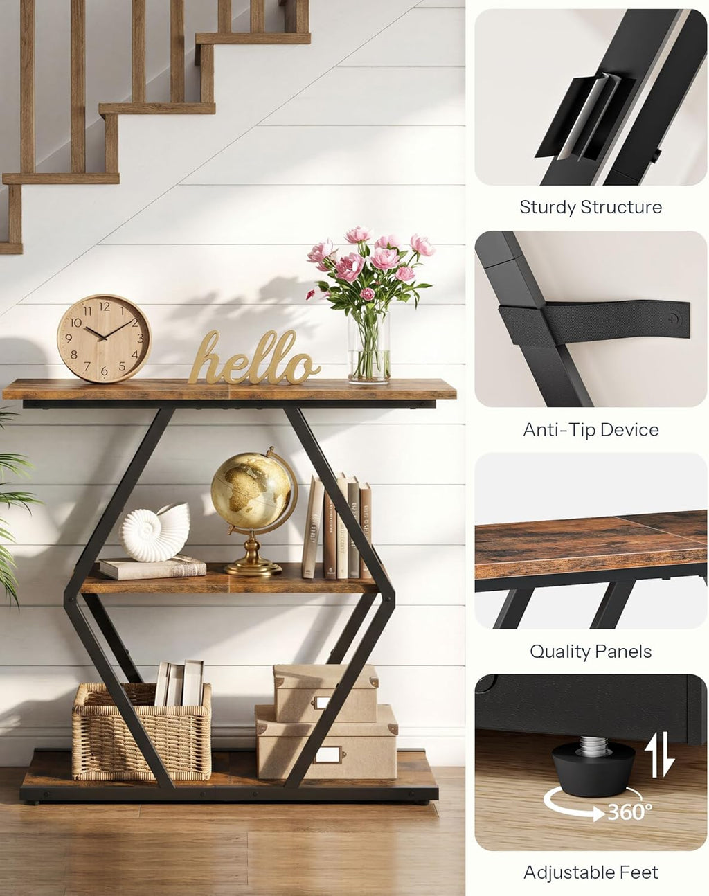 CHOEZON 3-Tier Console Table, Entryway Table, Sofa Table with Open Shelves, Diamond-Shaped Behind Coach Table, Industrial, for Hallway, Entryway, Living Room, Stairwell, Rustic Brown and Black TXG08BF