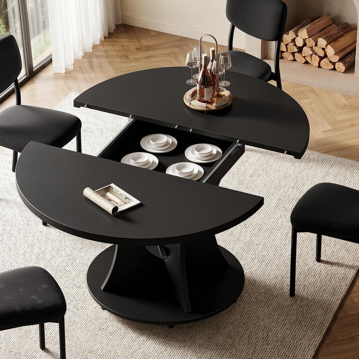iPormis 43-59" Round Dining Table Set for 4, 5-Piece Kitchen Table & Chairs Set for 4, Extendable Dining Room Circle Table with 4 Upholstered Chairs for Small Space, Black Table + 4 Black Chairs
