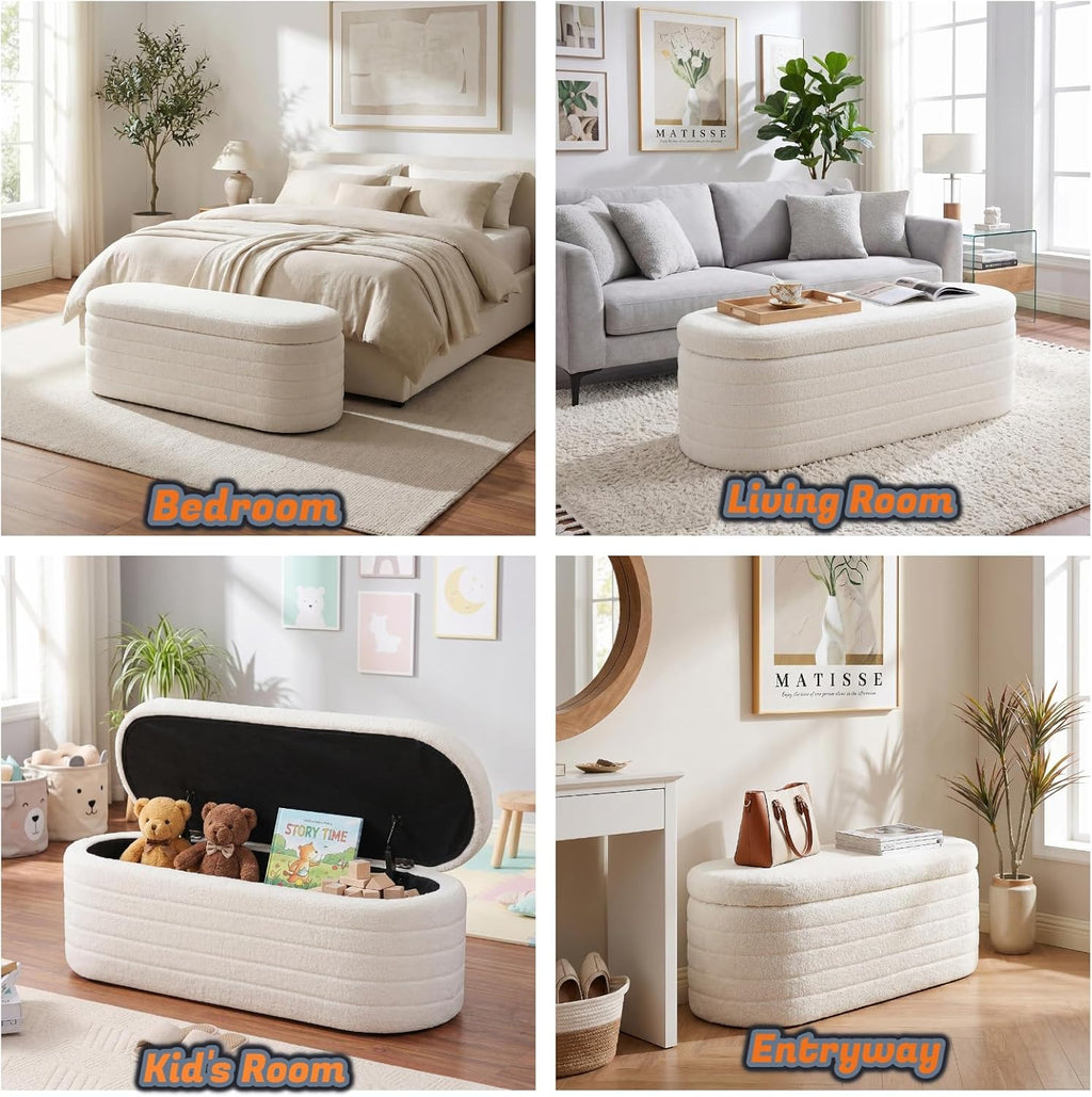Teddy Sherpa Storage Ottoman Bench End of Bed, White | Modern Boucle, Oval Design, Safety Hinge Lid, Hidden Storage, Window Seat, Living Room, Bedroom, Entryway, No Assembly