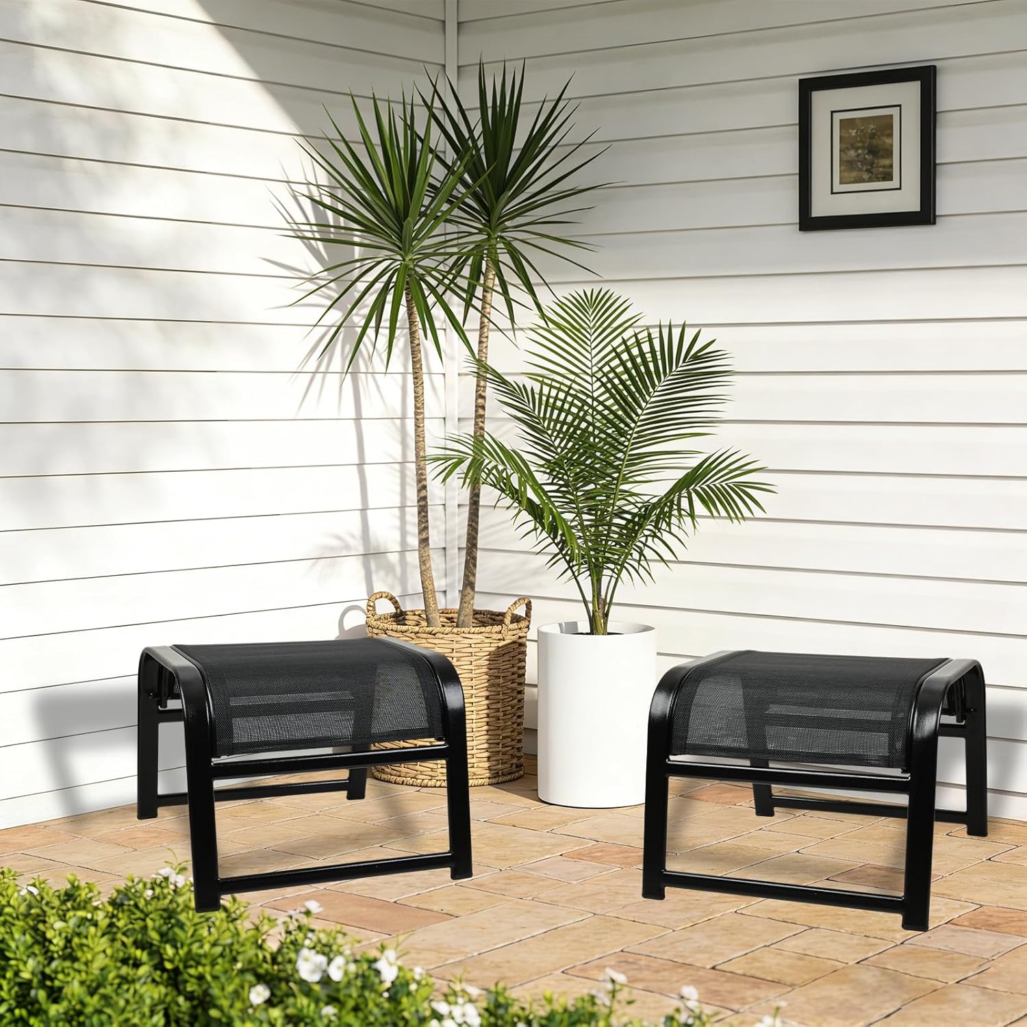 Assembled Patio Outdoor Ottoman 2 Set, Portable Footstools Textliene Metal Foot Rest Black